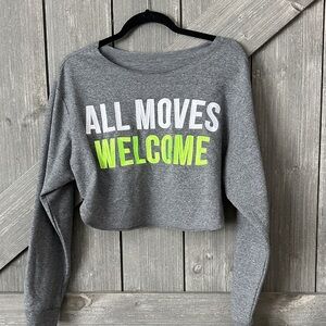 Zumba Fitness Gray Cropped Sweatshirt with Neon Yellow 'All Moves Welcome'